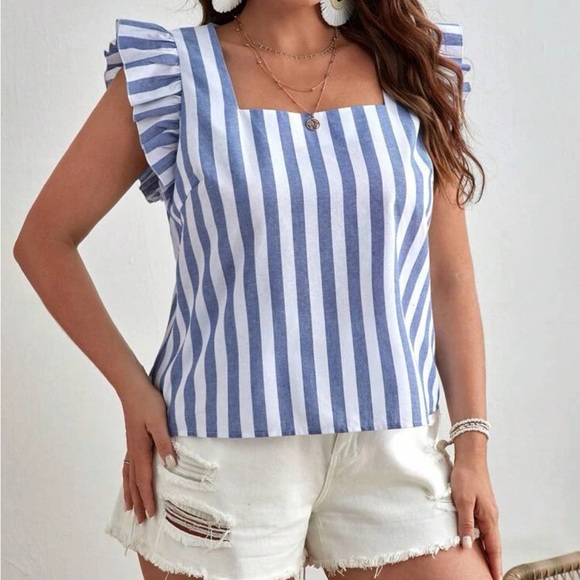 Classic Elegant Plus Size Striped Print Ruffle Trim Square Neck Top Blouse Shirt - Picture 4 of 5